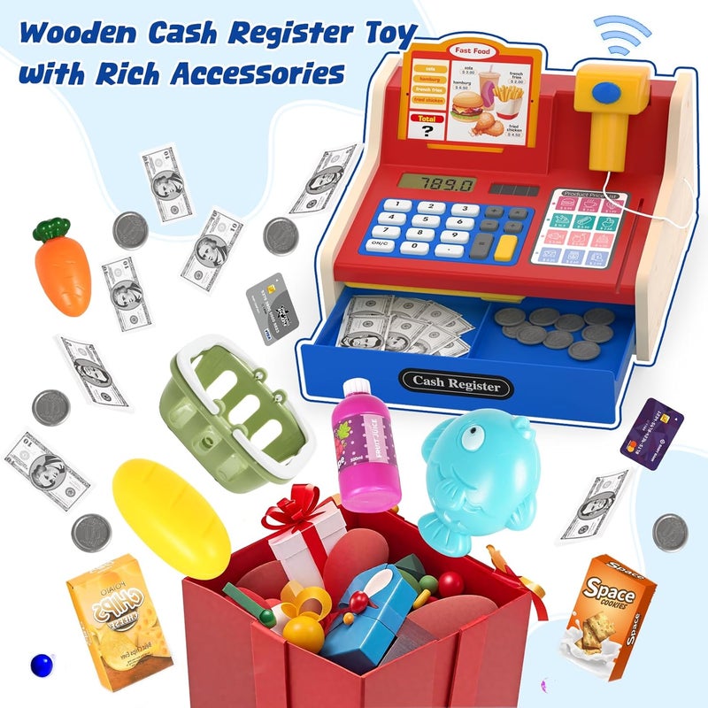 maysida Store Rechargeable Wooden Cash Register for Kids, Pretend Play Calculator Cash Register Toys with Scanner, Play Money&Credit Card, Play Cash Register, Toddler Boys Girls Age 2-4 4-8 - Image 5
